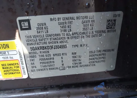 2015 Buick Enclave Leather z USA, uszkodzony, nr VIN 5GAKRBKD0FJ304993